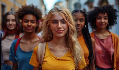 Diverse students vacationing on a city street, a multiracial group of friends enjoy the outdoors, relishing a happy lifestyle and embracing technology as a community.