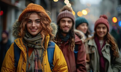 Fototapeta premium Diverse students vacationing on a city street, a multiracial group of friends enjoy the outdoors, relishing a happy lifestyle and embracing technology as a community.
