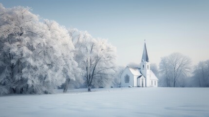 Snow-covered countryside church surrounded by frosty trees on a serene winter morning, evoking tranquility and spirituality.