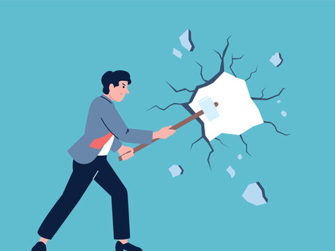 Man hammering wall. Businessman overcoming problems and destroy obstacle. Person with giant hammer, target or goal achievement recent vector scene