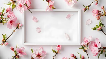 Beautiful flowers composition. Photo frame and pink flowers on white background. Easter, Happy Women's Day, Mother's day. Flat lay, top view, copy space