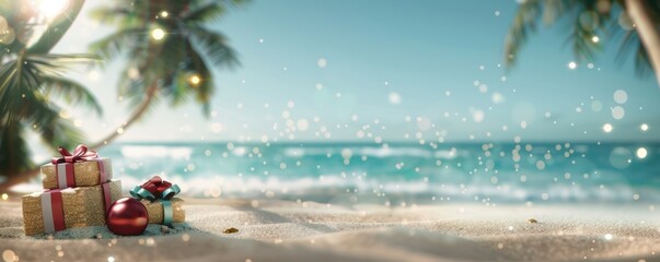 Tropical Christmas scene with presents and ornaments on a sandy beach, palm trees, and turquoise ocean waves. Perfect for holiday travel themes.