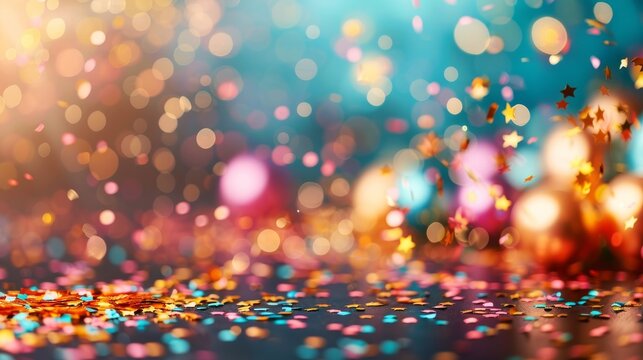 Abstract bokeh festive background with colorful glitter and lights, perfect for holiday celebrations and party scenes.
