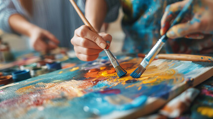 Obraz premium Hands holding paintbrushes are mixing oil paint on a palette