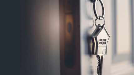 wooden door keyhole, key with house key chain,