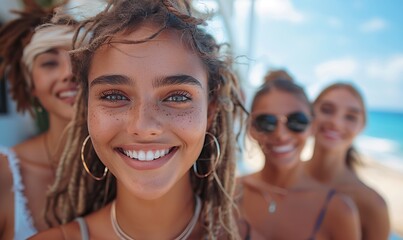 Happy young people, a multiracial group of friends, hang outside on a sunny day, smiling together and having fun on their summer vacation.