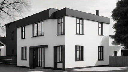 Traditional European minimalist modern art house along the street, wall around the house, view of the road and sidewalk,