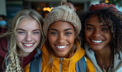 Fototapeta premium A happy group of young, multiracial college students walk and take a selfie on a city street, smiling together at the camera.