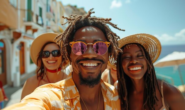 Millennial friends, a diverse group, stand together on a city street, laughing at the camera as they take a selfie. The happy tourists are enjoying a summer holiday. - Powered by Adobe