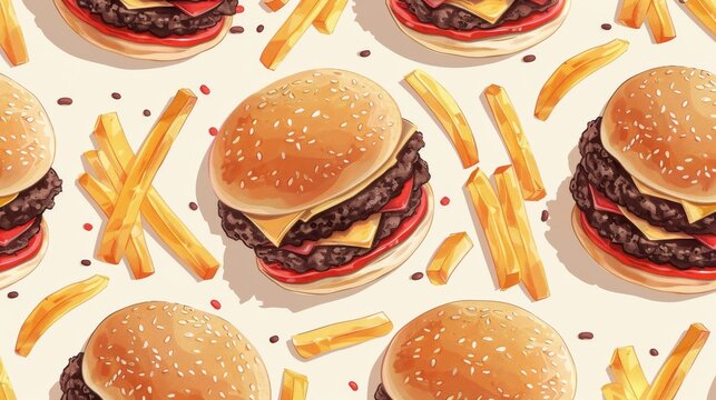 Seamless pattern with tasty burgers and french fries on light background