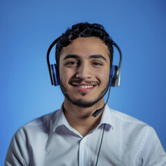 A Attractive Yung Arab Muslim Man Providing Customer Support Against Blue Background