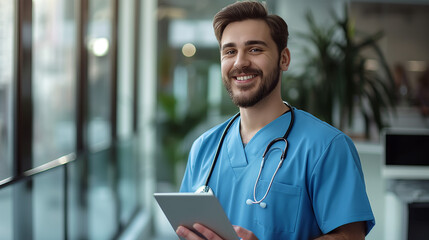 Young male doctor in blue scrubs is holding a tablet and smiling at the camera