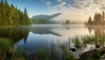 Fototapeta premium Foggy morning over a tranquil lake