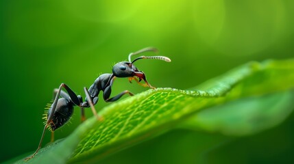 Focus Photo of an Ant with Green Background. Background of Insect with Copy Space