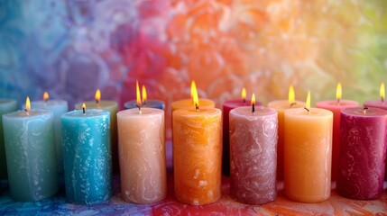 An assortment of colorful candles burning against a rainbow-like backdrop