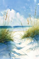 Tranquil Seaside View. Watercolor Painting of Coastal Dune and Sea Grass in Summer Landscape
