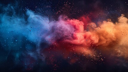 Abstract vibrant dust explosion with colorful particles and rocks floating in zero gravity simulating a nebula in deep space
