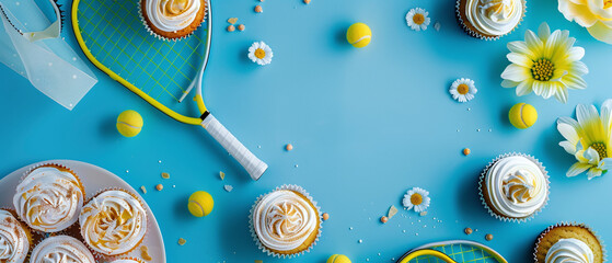 Tennis-themed Cupcakes and Flowers Flat Lay
