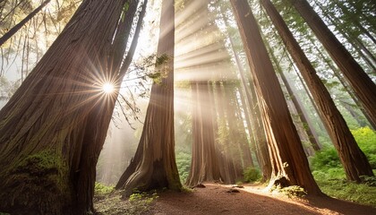Sunlight filtering through redwood trees