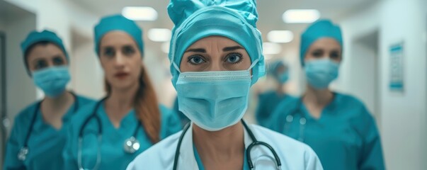 A group of confident doctors are standing in a room.