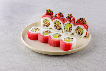 Sushi roll Philadelphia with tuna, Sushi menu. Japanese food.