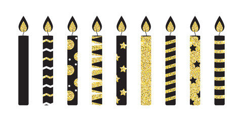 Set of vector beautiful gold  glitter candles for the cake on white backgroud. Set of candles for birthday cake. Stylish set of candles.