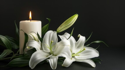 White Lilies and Candle on Black Background