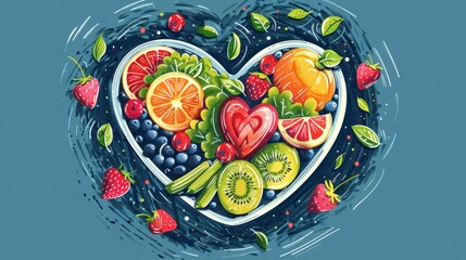 Colorful Heart-Shaped Fruit Arrangement with Strawberries, Kiwis, Oranges, and Berries on Blue Background