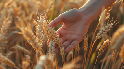 Closeup of hand touching wheat golden ears in field  , harvest season concept