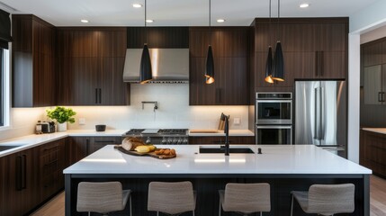 A modern kitchen with dark wood cabinetry