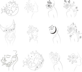 12 vector floral face vector magic with constellations, magic eyes, clouds and stars. mystical esoteric background for design of fabric, packaging, astrology, phone case