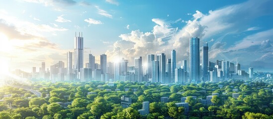 Naklejka premium Stunning Modern City Skyline with Skyscrapers and Lush Greenery Under a Bright Blue Sky
