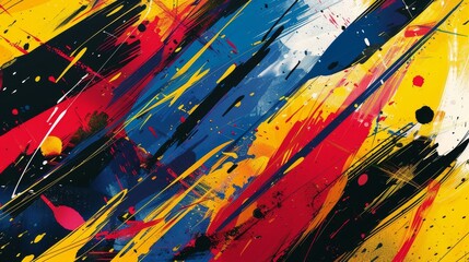 Abstract streaks of red, yellow, blue, and black paint splattered on a canvas