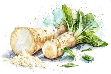 Watercolor Illustration of Fresh Horseradish Root and Grated Spice with Herbal Garnish