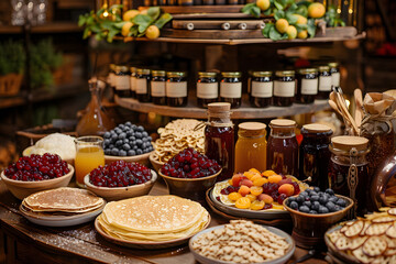 Fototapeta premium Buffet, avec crêpes et pots de confiture