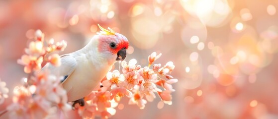 Beautiful cockatoo perched on a blooming cherry blossom tree in soft, dreamy light, capturing the essence of springtime serenity.
