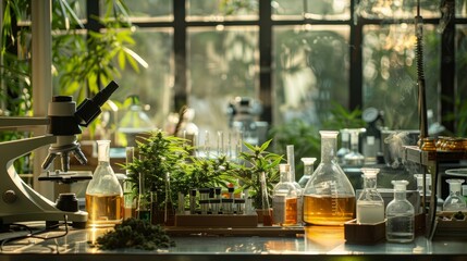 Cannabis Research Laboratory Microscope, Flasks, and Plants, cannabis, lab, research, science