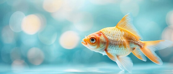 Fototapeta premium Beautiful goldfish swimming in clear blue water with a blurred bokeh background. Vibrant colors and serene aquatic scene.