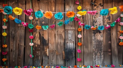 Colorful Paper Flowers on Rustic Wooden Background, Day of the Dead, Mexican Tradition, Decoration ,  festival, celebration