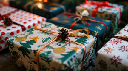 Close-up of Christmas gifts wrapped in festive paper with holiday motifs.