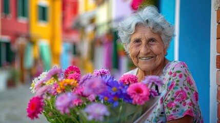 Close-up of a local woman arranging flowers in a vase outside her colorful home on Burano island, with a gentle smile and a calm expression, wearing casual clothes, vibrant houses in the background,