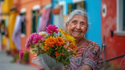 Close-up of a local woman arranging flowers in a vase outside her colorful home on Burano island, with a gentle smile and a calm expression, wearing casual clothes, vibrant houses in the background,
