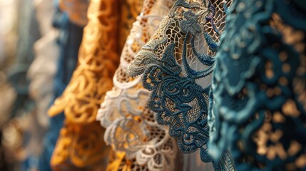 Fototapeta premium Close-up of the intricate lacework displayed in a shop window on Burano island, showcasing the traditional craft with vibrant shop background, Portrait close-up, hyper-realistic, high detail,