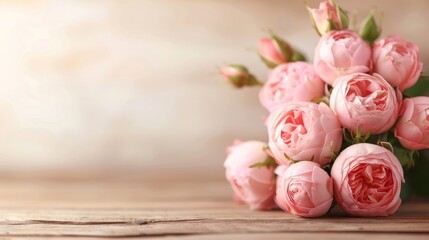 Beautiful pink peonies arranged on a wooden surface with a soft background, perfect for spring decor and floral themes.