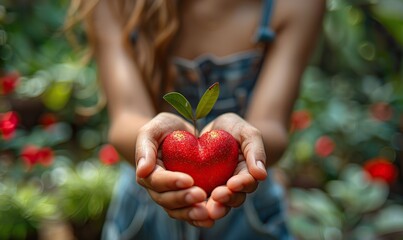 On World Heart Day and Valentine's Day, young women holding red hearts symbolize healthcare, family insurance, and CSR responsibility.