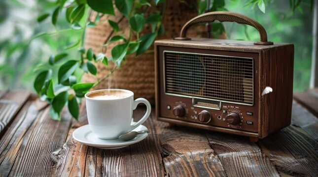 Nostalgic mornings: Coffee and vintage radio on table in cozy room
 Seamless looping 4k time-lapse virtual video animation Generated AI