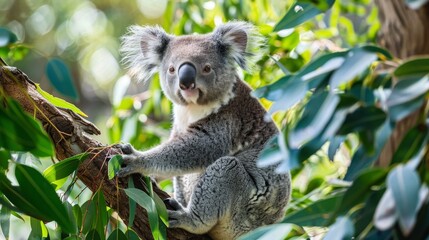 Naklejka premium A Close-up Portrait of a Koala Sitting in a Eucalyptus Tree, koala, eucalyptus, australia, wildlife,