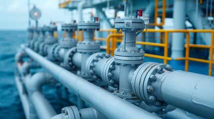 Close-up of natural gas extraction equipment on an offshore platform, with intricate details of machinery and ocean waves in the background