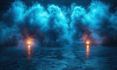 On a dark blue background, neon light spotlights an empty, asphalt-floored studio room as smoke floats up, creating a textured night view of an empty, dark street.