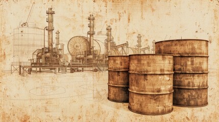 Industrial sector, oil drums and machinery, vintage style, sepia tones, detailed sketch, intricate lines, focus cover all object, deep dept of field